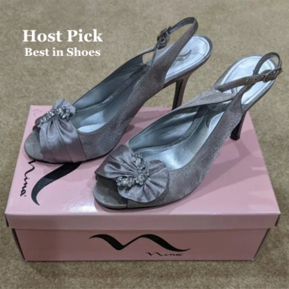 Nina Silver Jeweled Slingback Peep Toe Heels